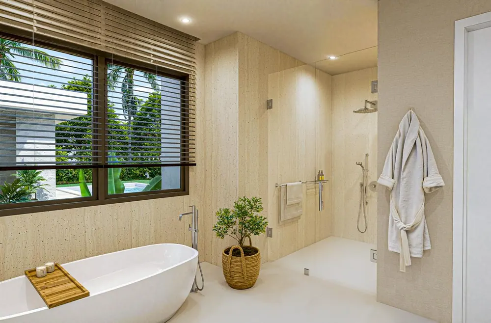 Spa-style primary bathroom with soaking tub and walk-in shower