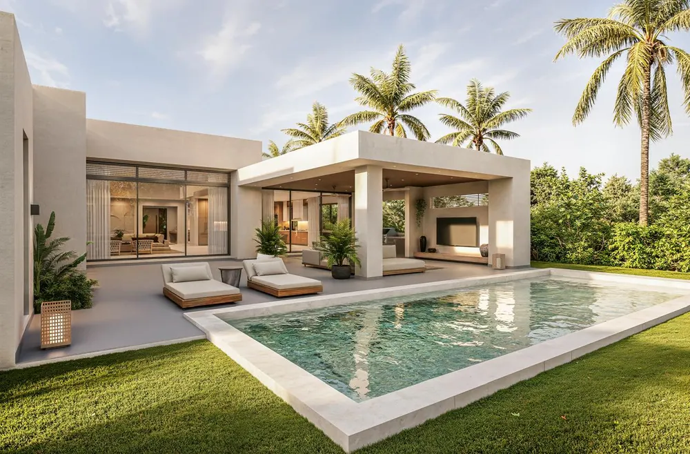 Pool and covered outdoor living pavilion